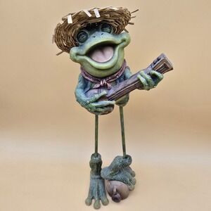 Rare Whimsical Frog Musician Straw Hat Guitar Garden Statue Figurine